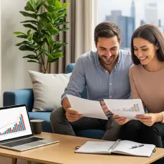 Pareja revisa gráficos financieros en casa, aprendiendo sobre finanzas personales y cómo evitar el ASNEF.