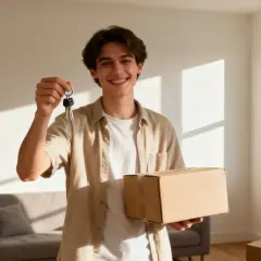 Joven sonriente con caja y llaves, listo para mudarse a su nuevo hogar gracias al bono joven alquiler.