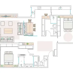 Plano piso con sala, comedor, cocina, dos habitaciones y dos baños.