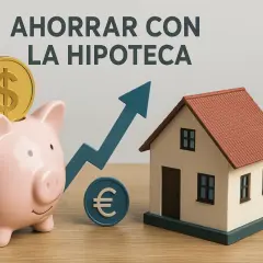 Hucha con moneda de dólar, flecha ascendente y casa. Descubre cuanto desgrava la hipoteca y ahorra.