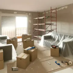 Habitación en reforma, con sofás cubiertos, cajas de mudanza y andamio. Se prepara para cumplir el articulo 22 lau.