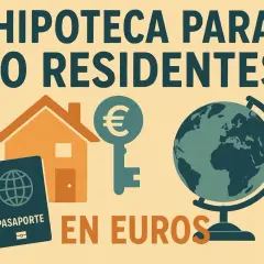 Pasaporte, casa y globo terráqueo junto a una llave con símbolo de euro. Hipoteca para no residentes en euros.