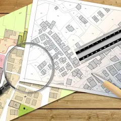 Planos detallados y herramientas de medición para evaluar la edificabilidad de una parcela.