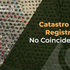 Mapa aéreo con polígonos y parcelas. El texto indica "Catastro y Registro No Coinciden", sugiriendo un problema al inmatricular una finca.