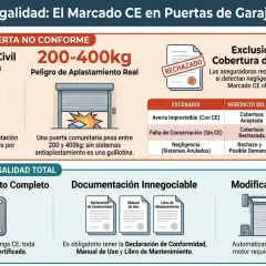 Infografía sobre seguridad y legalidad de puertas de garaje. Detalla riesgos, exclusiones de seguro y requisitos para el marcado CE, enfatizando la importancia del mantenimiento.