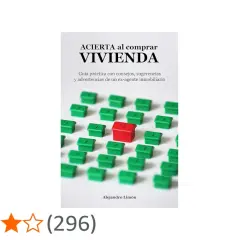 Guía "Acierta al comprar vivienda" con consejos para los pasos a seguir. Una casa roja destaca entre muchas verdes.