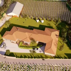 Vista aérea de una casa moderna con tejado de tejas, rodeada de viñedos y campos. Los planos de piso se visualizan en esta representación 3D.