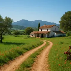 Camino de tierra serpentea hacia una casa blanca en medio de verdes predios urbanos, salpicados de amapolas rojas y un arado oxidado.