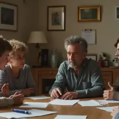 Familia reunida discutiendo cómo vender casa heredada hermanos.