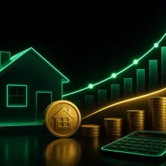 Casa, monedas y calculadora con gráfico ascendente. Los bce tipos de interes influyen en la inversión inmobiliaria.