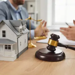 Maqueta de casa, mazo de juez y balanza de la justicia. Se discute la nueva ley de vivienda cuando entra en vigor.