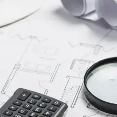 Planos de construcción, lupa, calculadora y casco. Se investiga si no existe valor de referencia catastral.