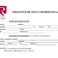 Formulario para solicitar una Nota Simple Informativa, con campos para datos del solicitante y de facturación, asegurando la validez de la nota simple.