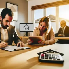 Profesionales revisan documentos y usan una tablet para gestionar cómo se declara la venta de un piso heredado.