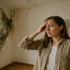 Mujer angustiada mira pared con moho y grietas. ¡La inmobiliaria me ha engañado!