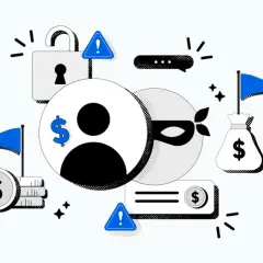 Ilustración de un ladrón enmascarado acechando a un usuario con un símbolo de dólar, rodeado de candados, banderas, bolsas de dinero y advertencias. Representa los problemas de multipropiedad y estafas.