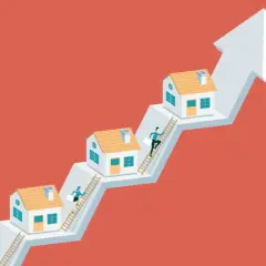 Casas subiendo una flecha ascendente, como si fueran una socimi en crecimiento. Personas escalan para alcanzarlas.