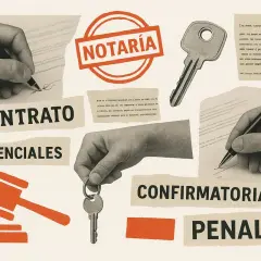 Manos firmando un contrato, una llave y un mazo de juez. Se pregunta qué son las arras de un piso, con términos legales como "penitenciales" y "penales".
