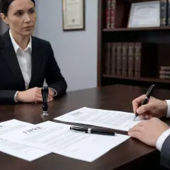Un hombre firma un documento en una oficina, mientras una mujer observa. El documento tiene la palabra "FEIN" visible, indicando el momento en que se firma la fein.