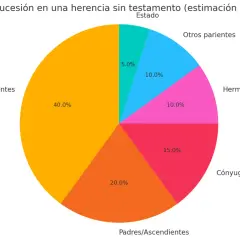 Gráfico de pastel que ilustra como se reparte una herencia sin testamento: hijos (40%), padres (20%), cónyuge (15%), hermanos (10%), otros parientes (10%) y estado (5%).
