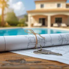 Planos de una casa con piscina y llaves. Un sueño hecho realidad, como obtener una nota simple registro propiedad gratis.
