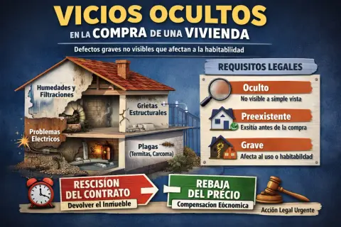 Ilustración de una casa con vicios ocultos: humedades, grietas, problemas eléctricos y plagas. Requisitos legales: oculto, preexistente, grave. Opciones: rescisión o rebaja del precio.