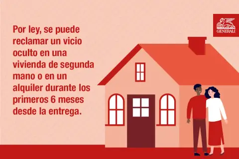 Pareja preocupada frente a su casa. Texto explica que se puede reclamar por vicios ocultos en vivienda o alquiler en los primeros 6 meses.