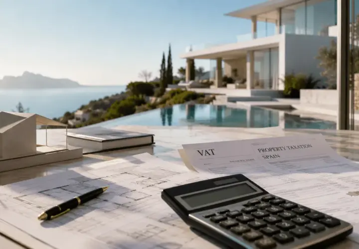 Planos, maqueta de casa, calculadora y documentos sobre impuestos de iva vivienda nueva en España, con una villa moderna y el mar de fondo.