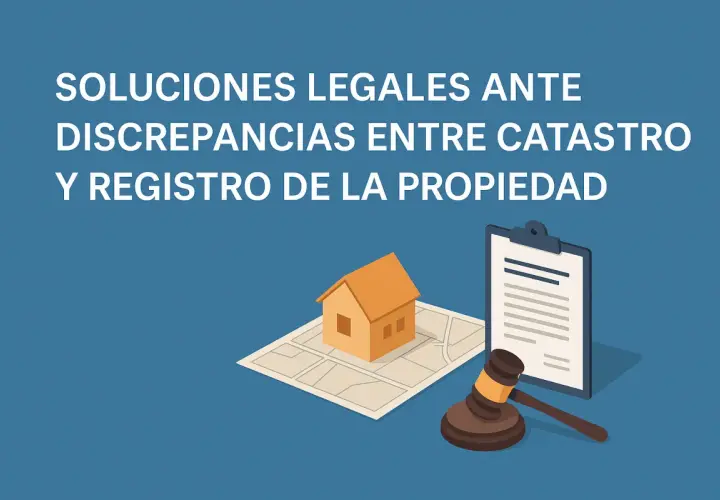 Ilustración de una casa sobre un plano, un mazo de juez y un documento. Ayuda a saber si una finca está registrada.