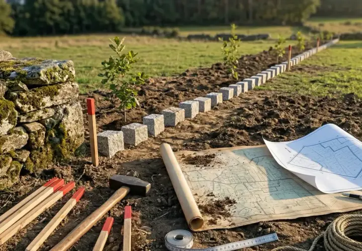 Herramientas y plano para el amojonamiento, marcando el significado de los límites de una propiedad con cubos de granito y estacas.