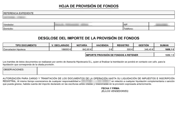 Detalle de gastos al cancelar hipoteca: notaría, gestión y otros. Total 1689,1 €.