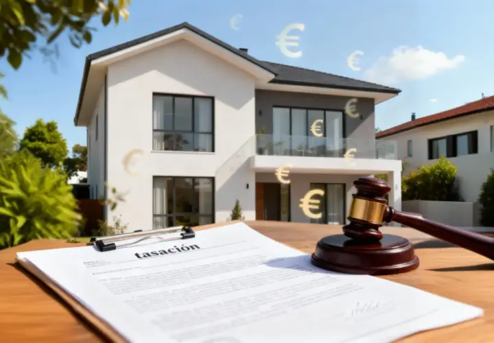 Un mazo de juez y un documento de tasación frente a una casa moderna, con símbolos de euros flotando. Reflexiona sobre qué impuestos se pagan al comprar una casa.