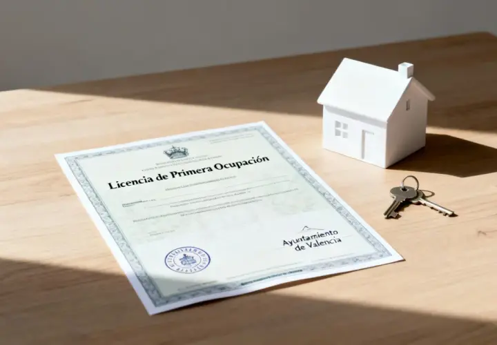 Documento de licencia de primera ocupación, llaves y maqueta de casa sobre mesa de madera.