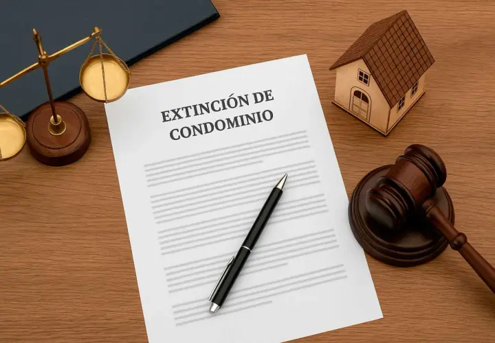 Documento "Extinción de Condominio" junto a una balanza de justicia, mazo y maqueta de condominio vivienda.