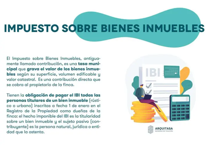 Ilustración sobre el IBI, impuesto que grava el valor catastral de bienes inmuebles. Un hombre revisa documentos con una calculadora y monedas.