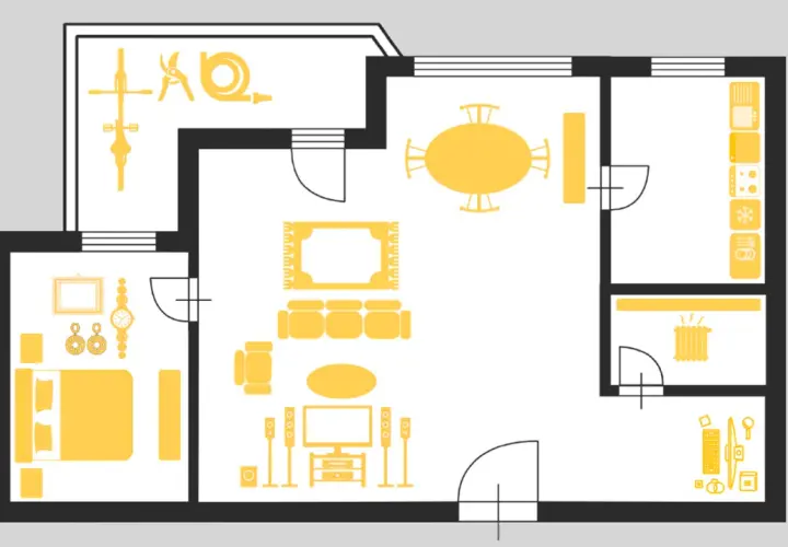 Plano de una casa con dormitorio, sala, comedor, cocina y balcón con bicicleta y herramientas.