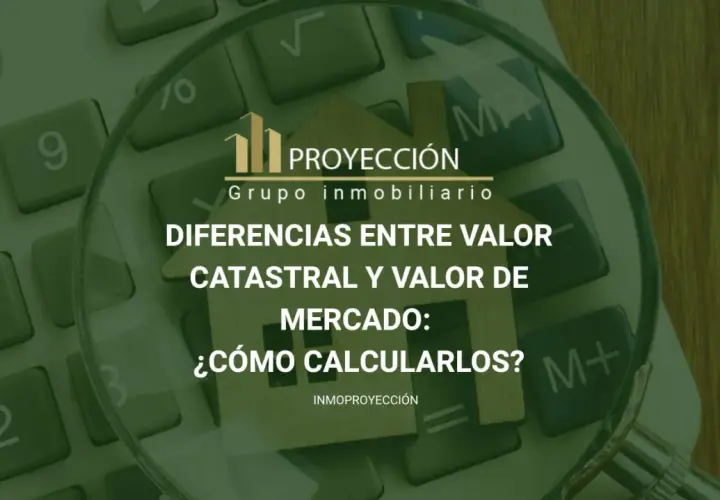 Calculadora y lupa sobre una casa de madera, con texto sobre valor catastral y precio de venta.