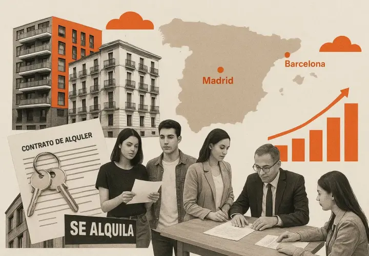 Jóvenes deciden si comprar o alquilar una vivienda en España, con un contrato de alquiler y llaves.
