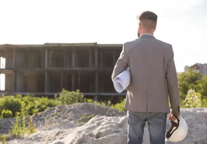 Arquitecto revisa la ficha urbanística de un edificio en construcción.