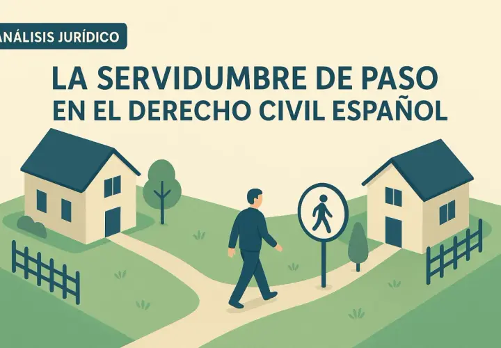 Ilustración de dos casas conectadas por un camino, con un hombre caminando. Representa la servidumbre de paso sin escriturar en el derecho civil español.