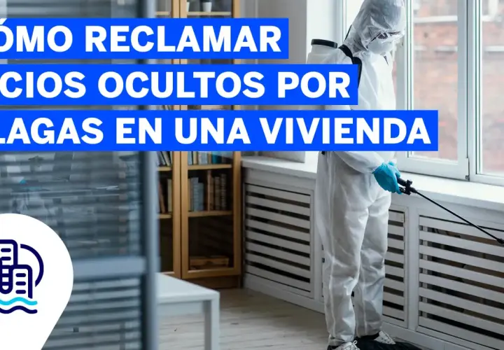 Persona con traje protector fumiga contra plagas, reclamando vicios ocultos en una vivienda.