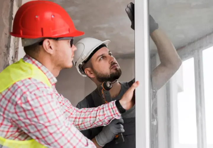 Dos obreros instalan un marco de ventana. Uno usa casco rojo y chaleco amarillo, el otro casco blanco y guantes. Sus **clikalia opiniones** sobre el trabajo son positivas.