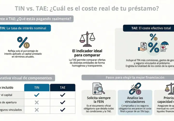 Infografía compara TIN y TAE para hipotecas, mostrando que la TAE incluye comisiones y seguros, ofreciendo el coste real.