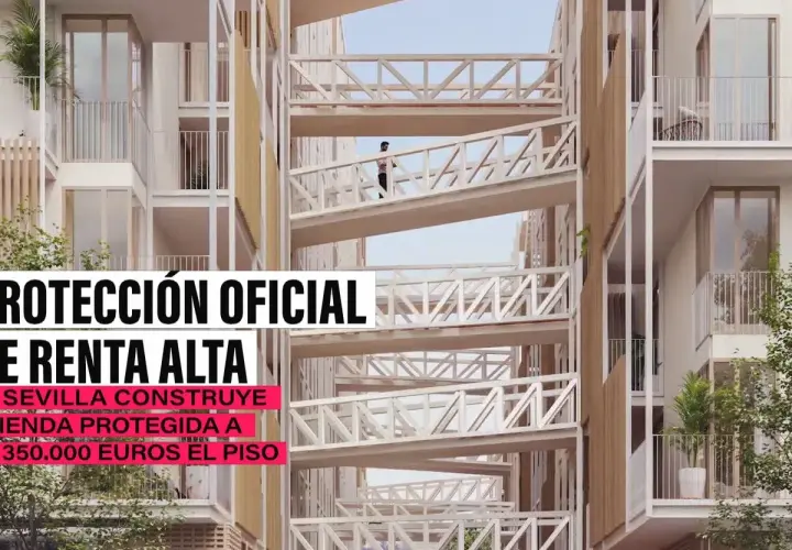 Edificio moderno con pasarelas en espiral. Se anuncia "vivienda protegida" a 350.000 euros el piso en Sevilla.