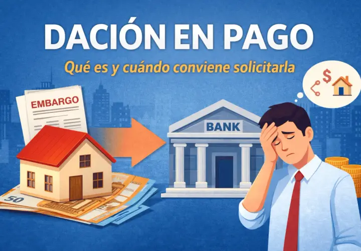 Un hombre preocupado piensa en el dación en pago significado, mientras una casa y dinero se dirigen a un banco.