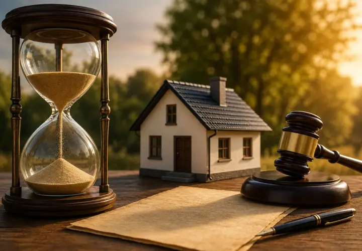 Reloj de arena, casa, mazo y papel. El tiempo es clave para la usucapión según el Código Civil.