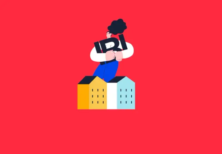Ilustración de persona abrazando la letra "I" sobre casas. ¿Cuánto se paga de IBI por una casa de 200m2?