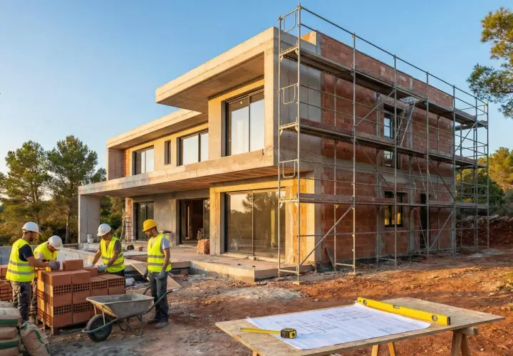 Construcción de casa moderna. Obreros trabajan en muros de ladrillo. Planos y herramientas sobre mesa. Pregunta: cuanto cuesta hacerse una casa teniendo el terreno.
