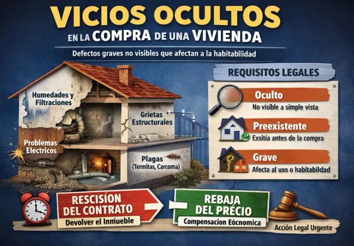 Ilustración de una casa con vicios ocultos: humedades, grietas, problemas eléctricos y plagas. Requisitos legales: oculto, preexistente, grave. Opciones: rescisión o rebaja del precio.