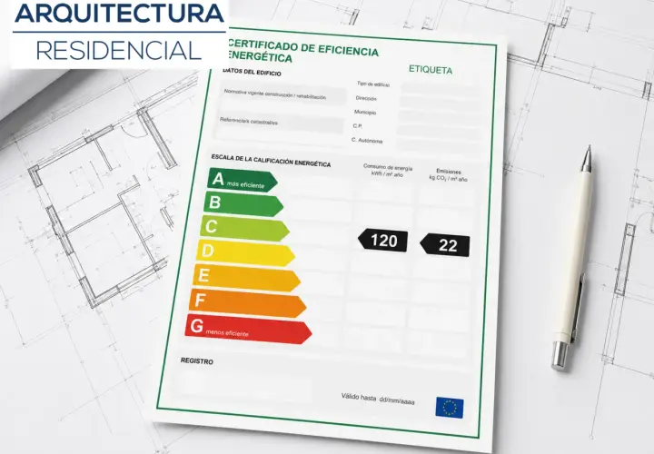 Certificado de Eficiencia Energética para arquitectura residencial, mostrando la escala de calificación y datos del edificio. Este documento es esencial para la **cédula de habitabilidad**.